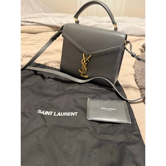 YSL Saint Laurent Grey Grain Leather Cassandra Mini Top Handle Bag - Picture 1 of 12